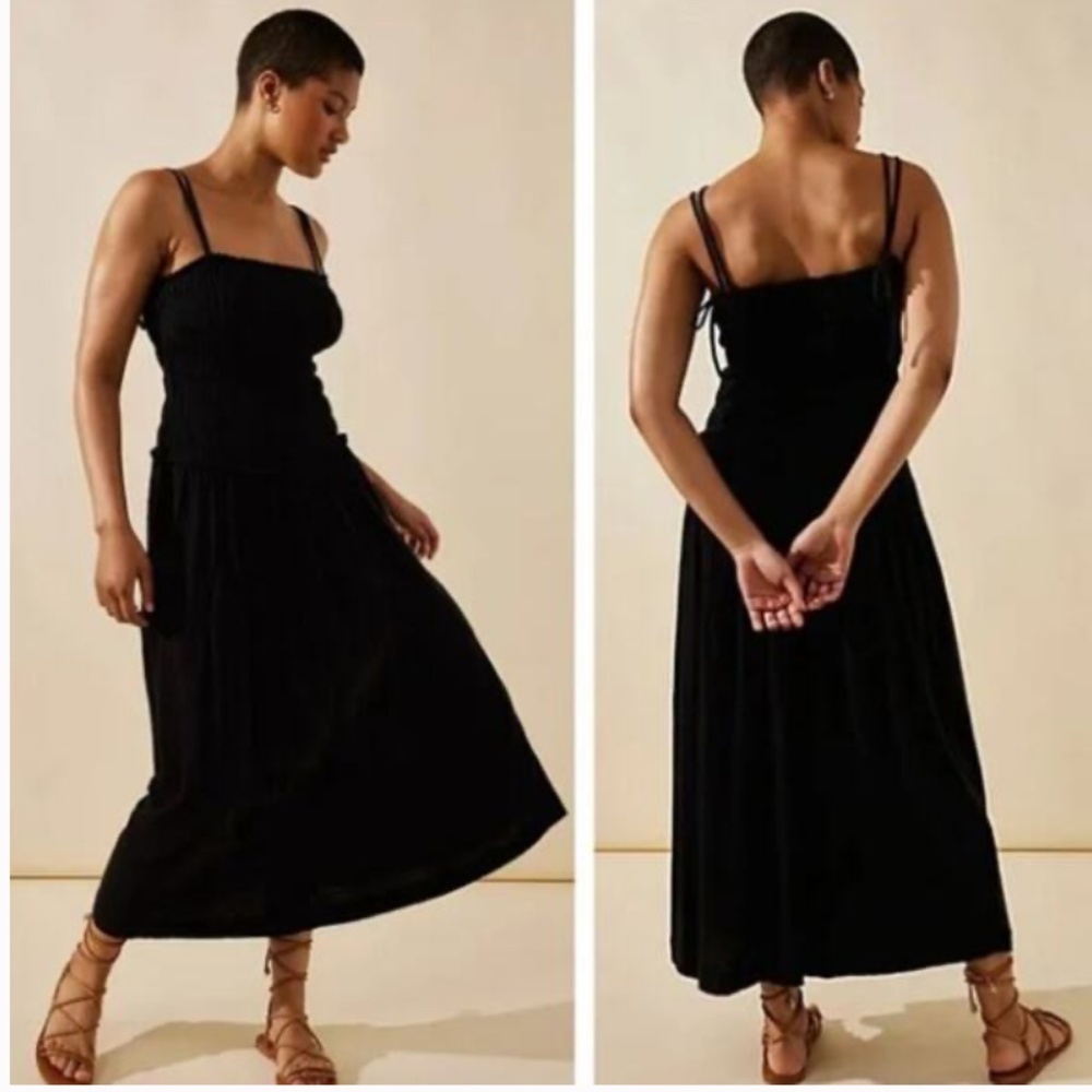 NEW Free People FP Beach SIENNA Smocked Midi Dress with Pockets Black S NWOT $98